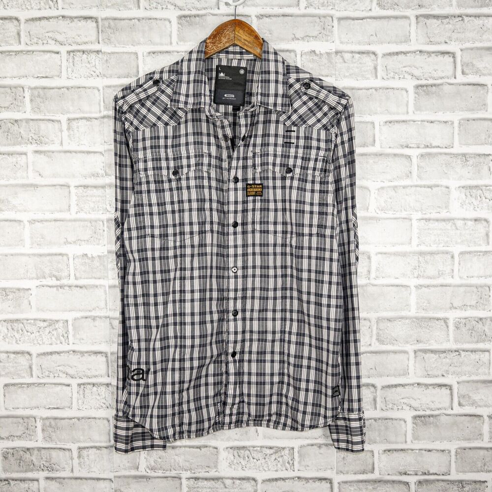 G Star RAW Zip & Snap Button up Shirt Gray Plaid Size Large